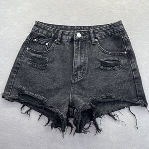 Shein Jean Shorts Womens Size M Black Distressed Denim High Rise Frayed Hem 6